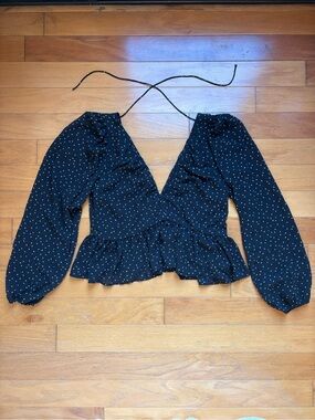 H&M Black Polka Dot Peplum Wrap Blouse